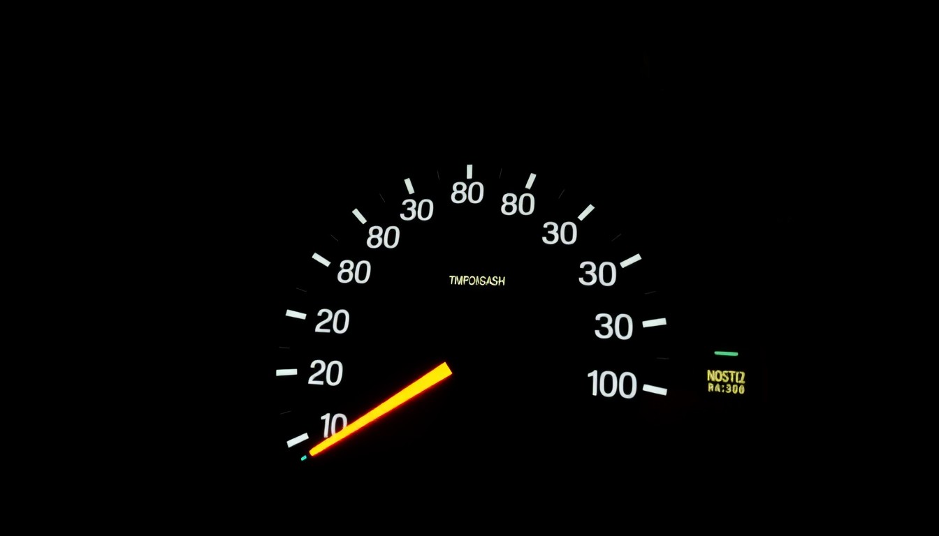 An extreme close-up photograph of a car's odometer dial, the numbers and markings sharply illuminated by a harsh, direct flash of light against a pitch-black background, conceptually representing the investigative nature of this odometer fraud case.