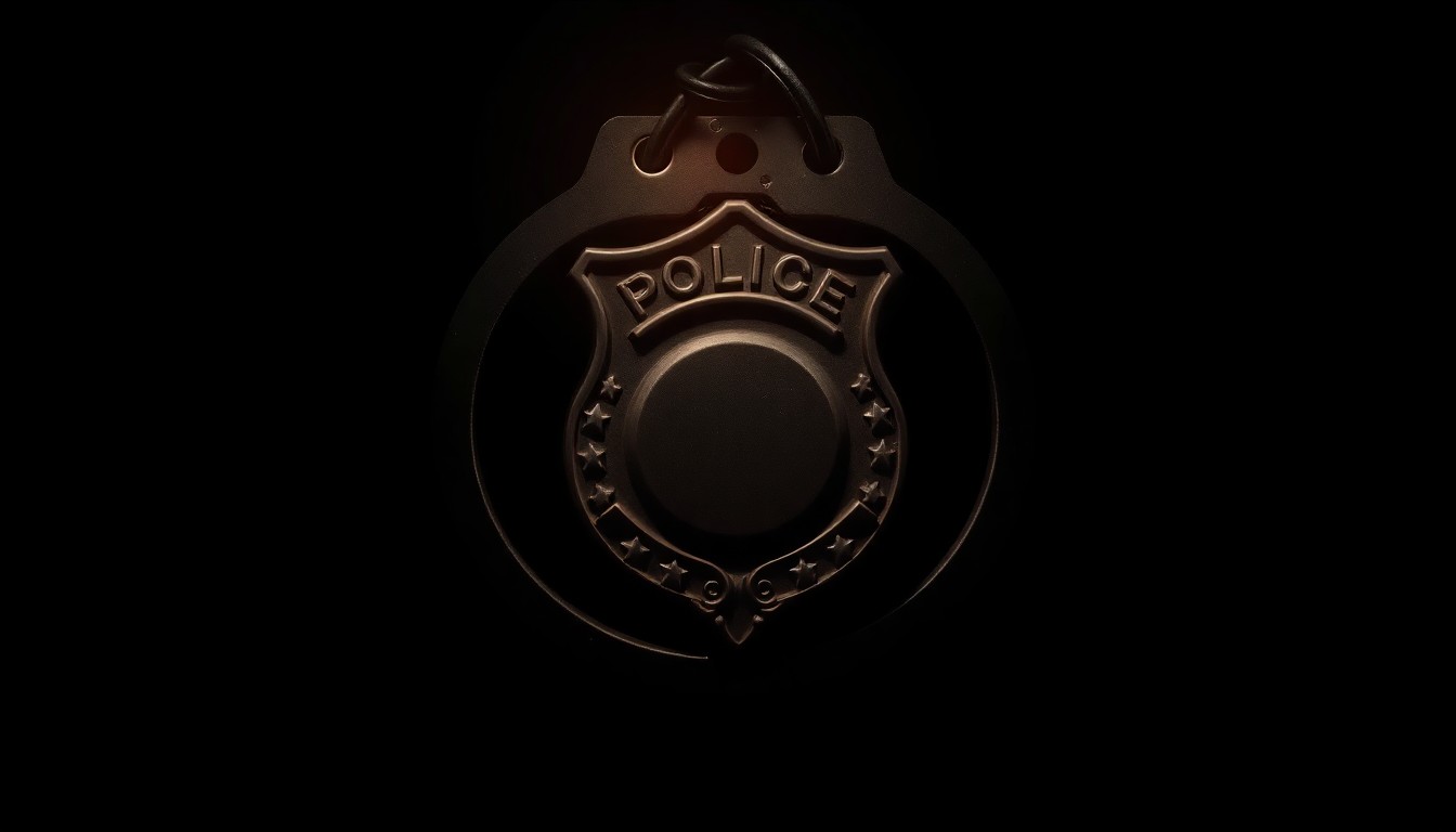 An extreme close-up photograph of a police badge or handcuffs, lit by a harsh, direct camera flash against a pitch-black background, creating a stark, gritty, investigative aesthetic.