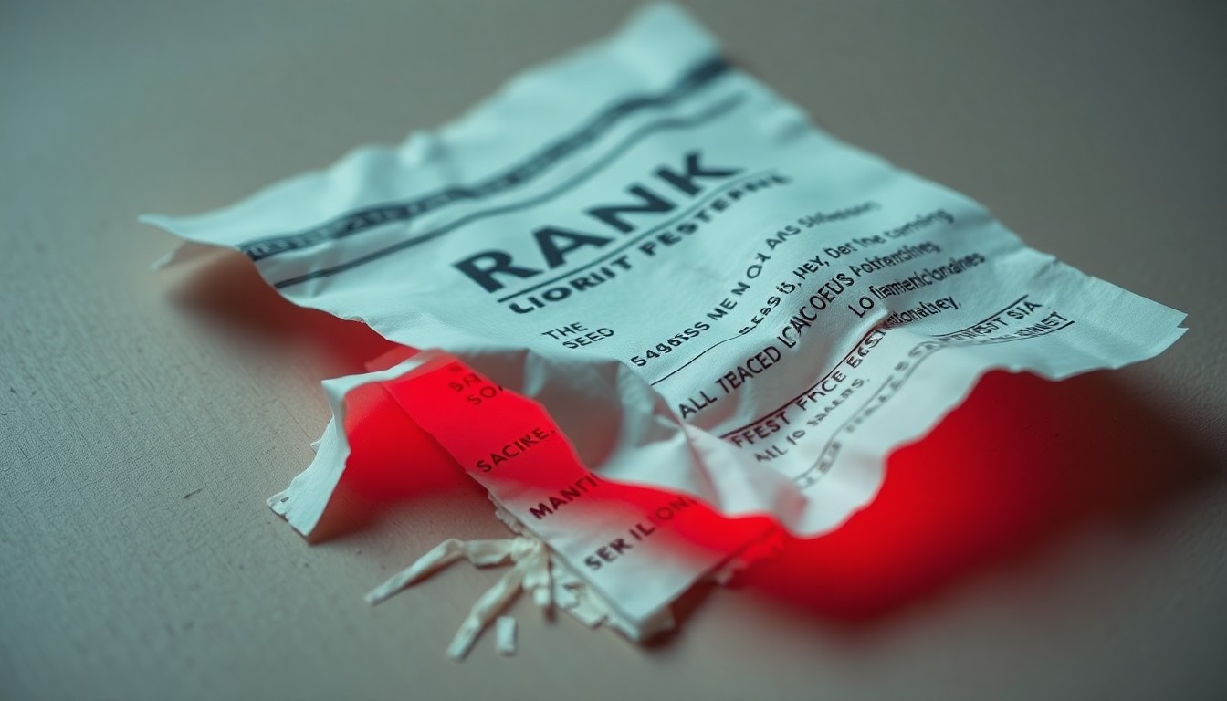 An extreme close-up photograph of a crumpled, torn bank receipt with a faint red glow, conceptually illustrating the aftermath of a financial crime.