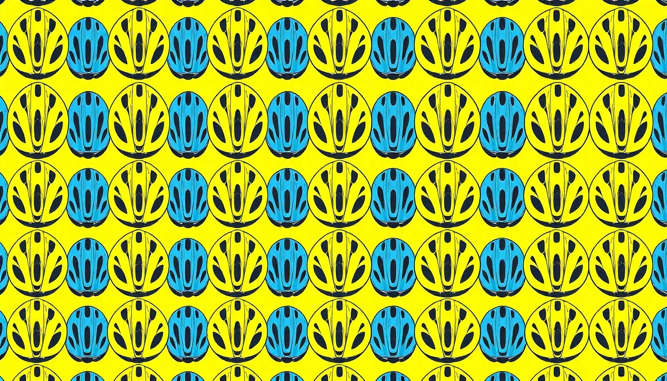 A vibrant, pop art-inspired illustration featuring a repeated pattern of a bright red bicycle helmet, conceptually representing the safety education and resources available at the Smyrna Kids Safety Day event.