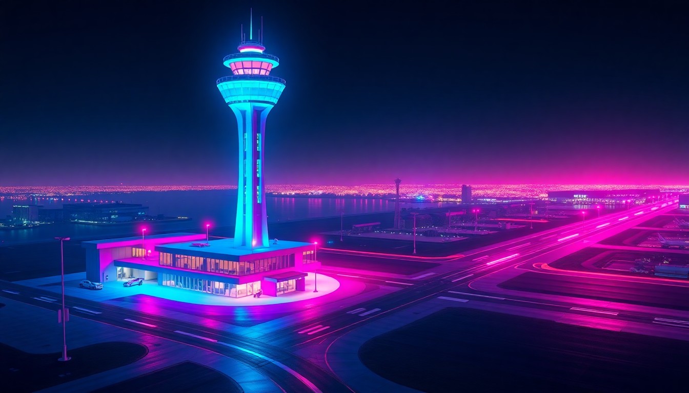 A highly detailed, glowing 3D illustration of the control tower and runways of an airport, with neon cyan and magenta lights highlighting the physical technology infrastructure. The conceptual image represents the FAA's software error in categorizing the airport's designation.