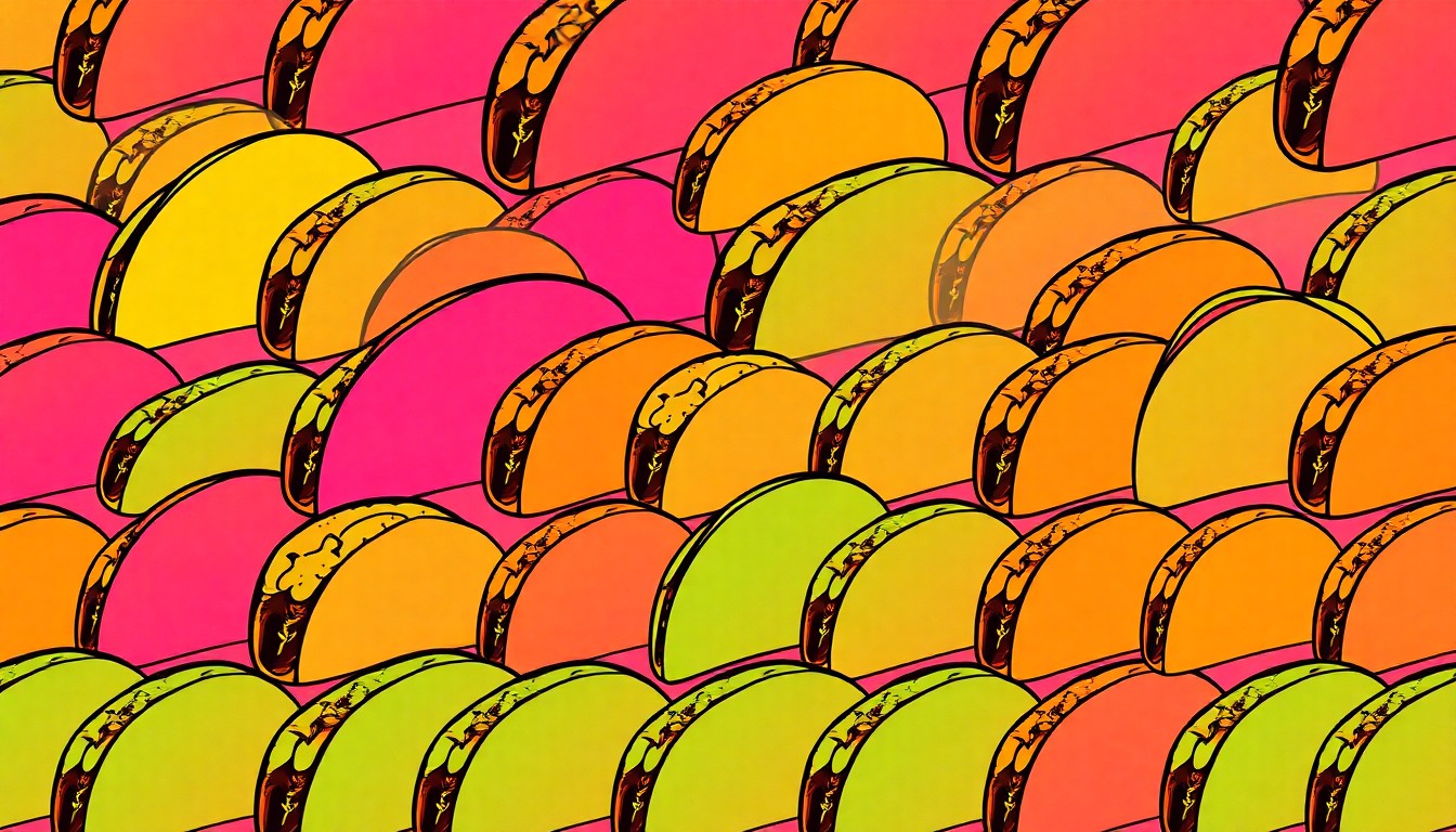 A vibrant, high-contrast silkscreen print of a single, iconic taco repeated in a tight grid pattern, using a neon color palette and heavy black outlines to transform the everyday food item into a modern pop art piece.