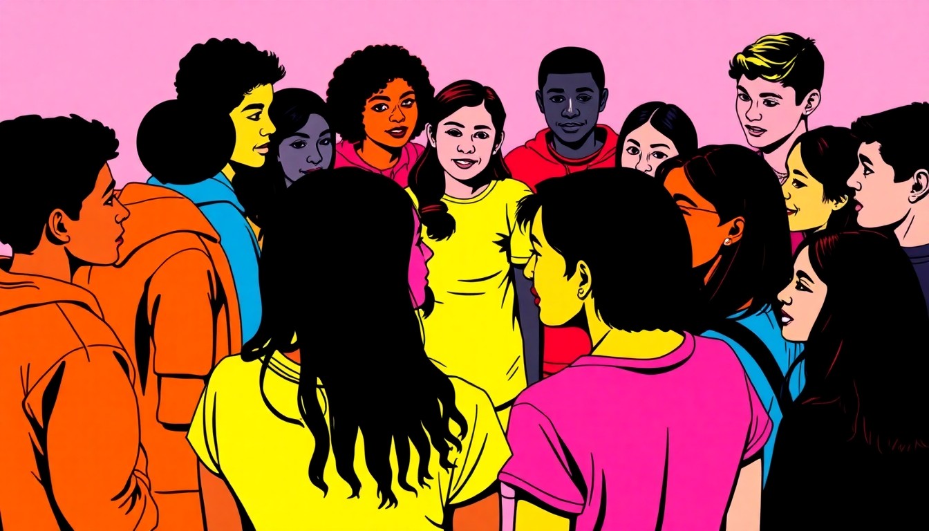 A brightly colored, high-contrast silkscreen print depicting a group of diverse teenagers gathered in a circle, representing the youth leadership and civic engagement in Cincinnati. The image uses vibrant neon colors overlapping with heavy black photographic outlines, turning the everyday scene into a modern pop art piece.