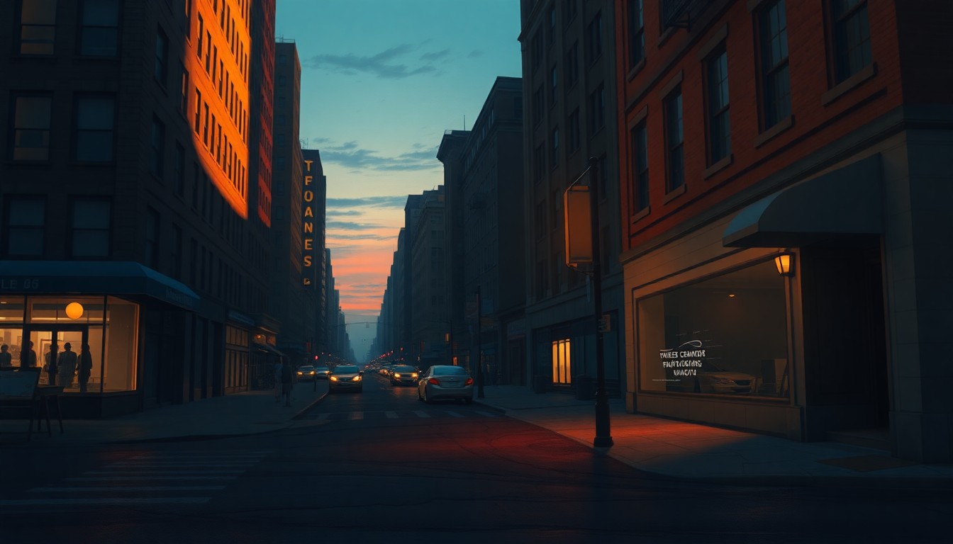 A serene, cinematic painting of a deserted New York City street corner at dusk, with warm sunlight casting long shadows across the pavement and buildings. The scene conveys a sense of quiet contemplation and the complexities of urban life.