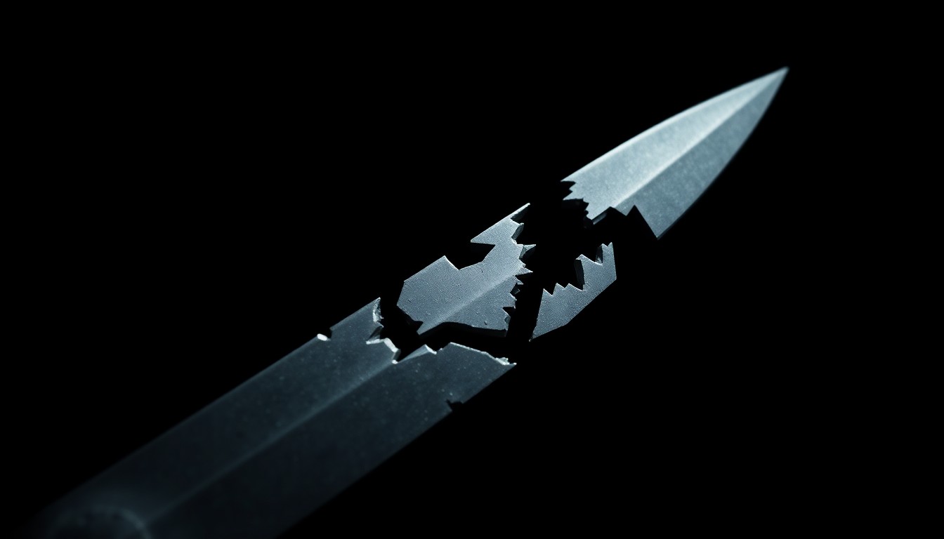 An extreme close-up of a shattered sword blade reflecting a bright flash of light, conceptually illustrating the violent clash between a man in mental distress and the police officers who responded to the scene.