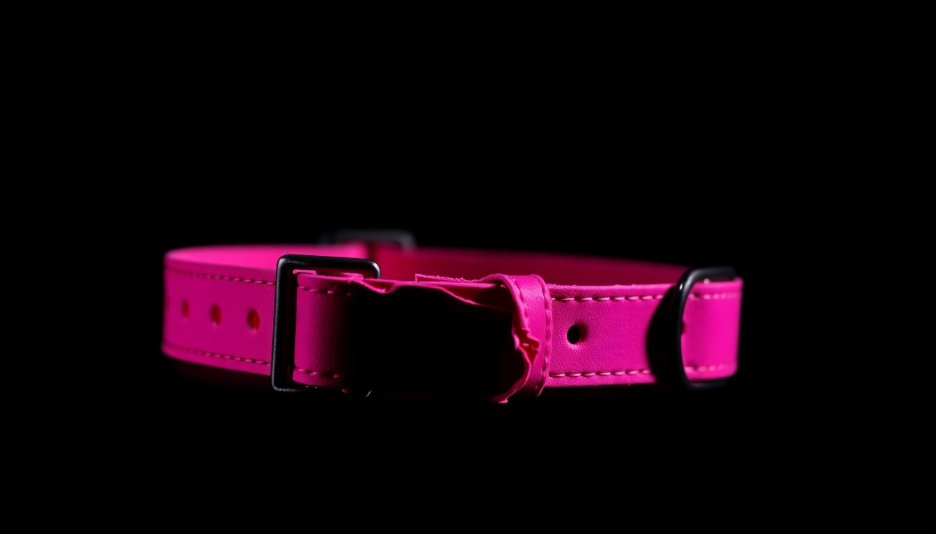 An extreme close-up photograph of a hot pink dog collar against a stark black background, the collar slightly crumpled and damaged, conveying the aftermath of a vehicular accident.
