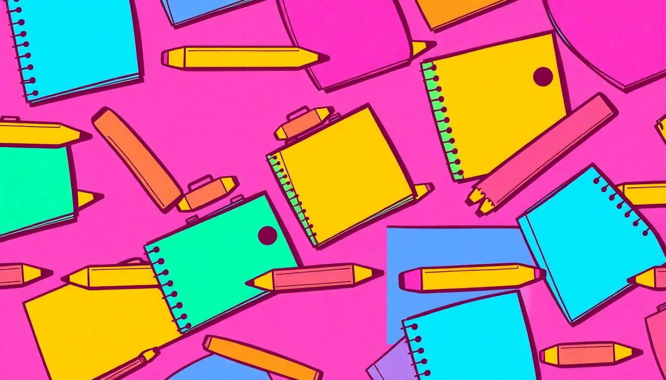 A brightly colored, high-contrast silkscreen print of a single, iconic school supply item, such as a pencil or notebook, repeated in a tight grid pattern to create a modern pop art illustration.