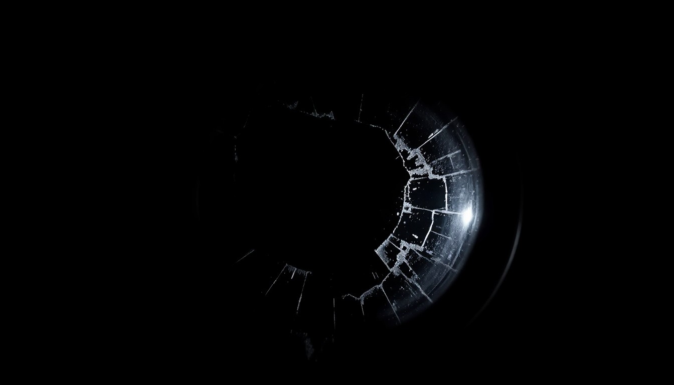 An extreme close-up photograph of a shattered camera lens or eye socket, lit by a harsh, direct camera flash against a pitch-black background, conceptually illustrating the severe injury suffered by a protester documenting a clash with federal agents.