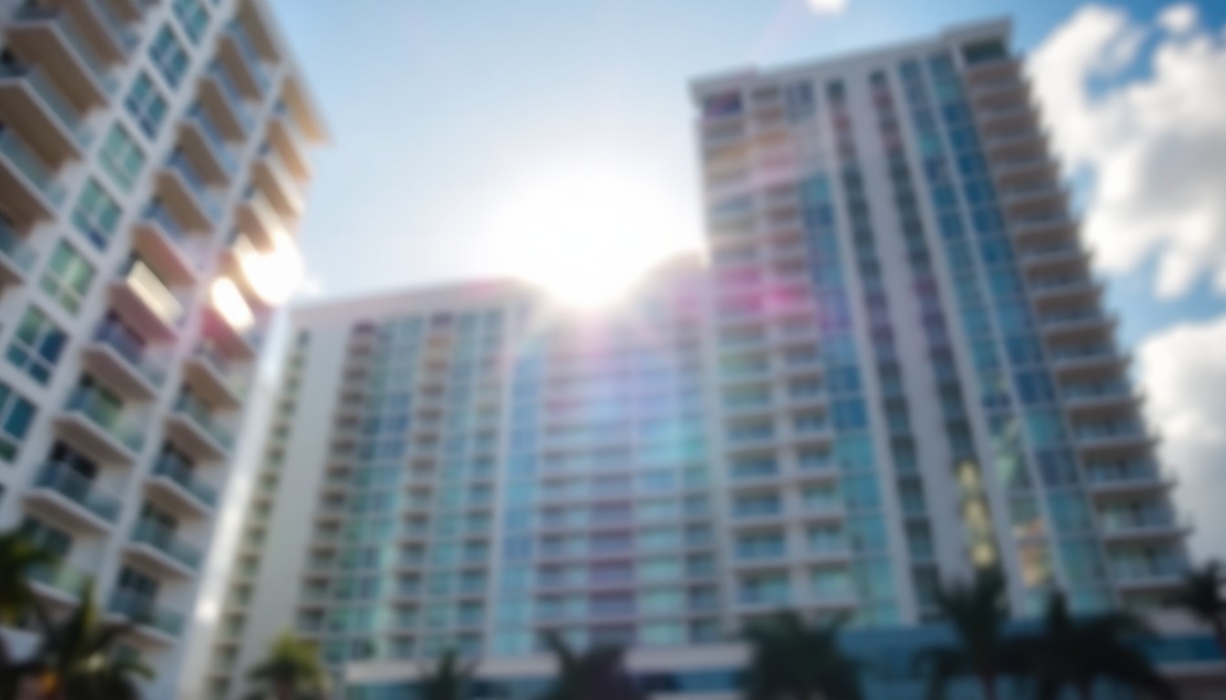 A blurred, impressionistic photograph of a high-rise building's exterior, with soft, warm light filtering through the windows, conveying a sense of luxury and serenity.
