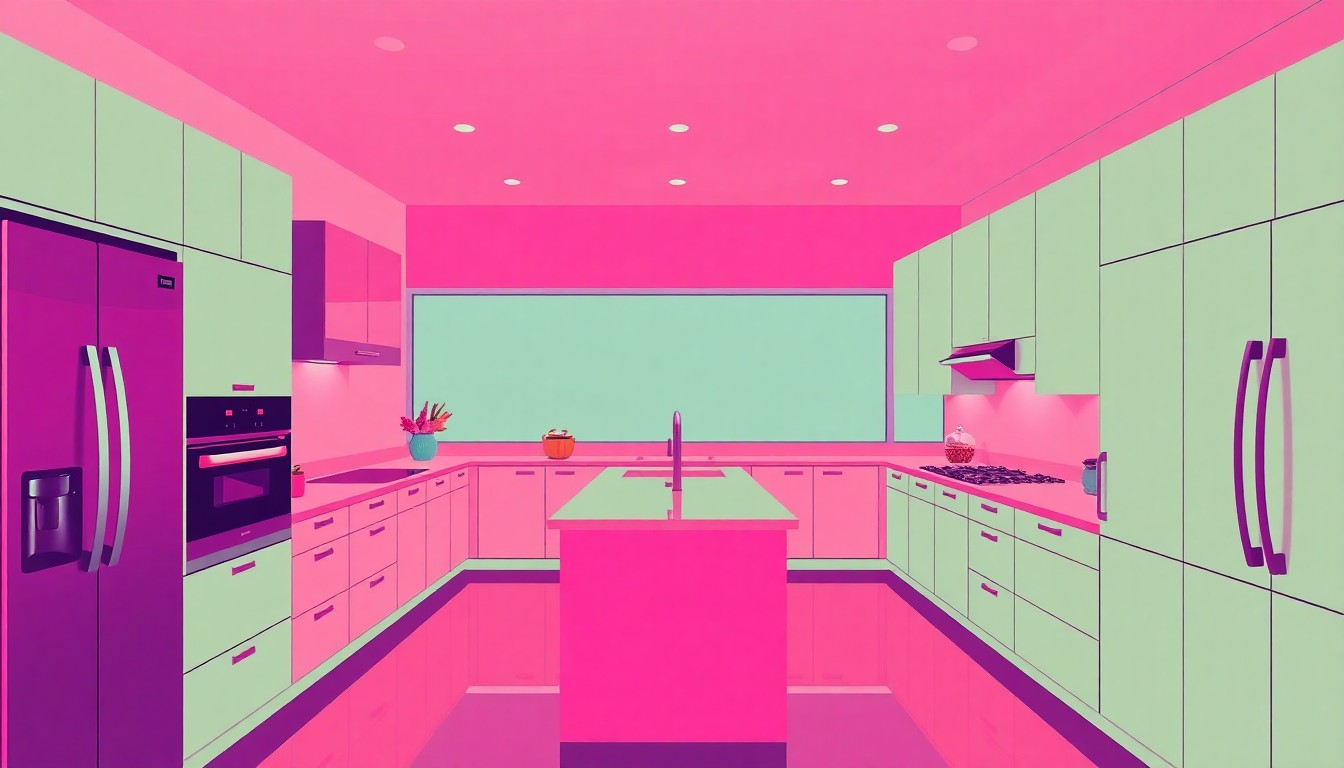 A brightly colored, high-contrast silkscreen print of a sleek, minimalist kitchen repeated in a grid, capturing the luxury and convenience of the Chesapeake townhome.