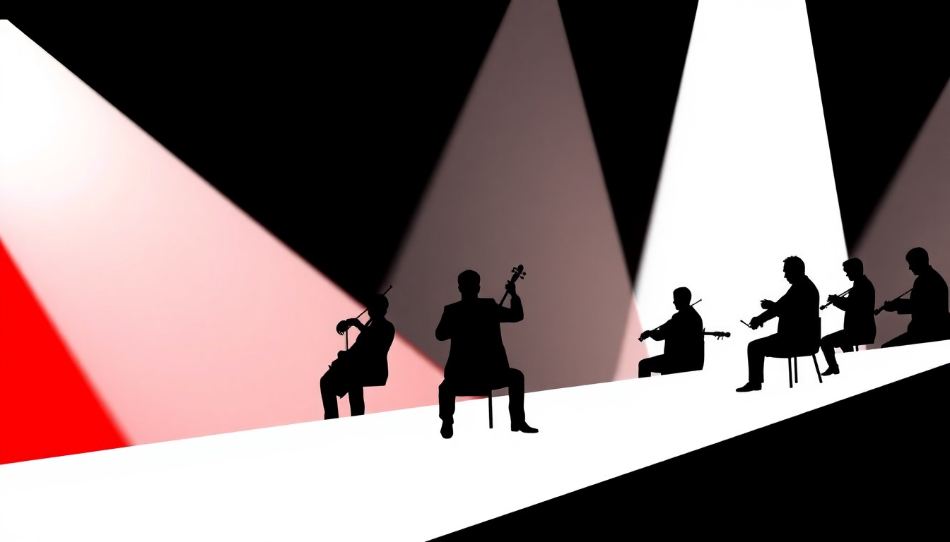 A minimalist, abstract illustration using bold black shapes and high-contrast colors to represent the concept of an orchestra performance and the theme of hope, without depicting any literal objects or people.
