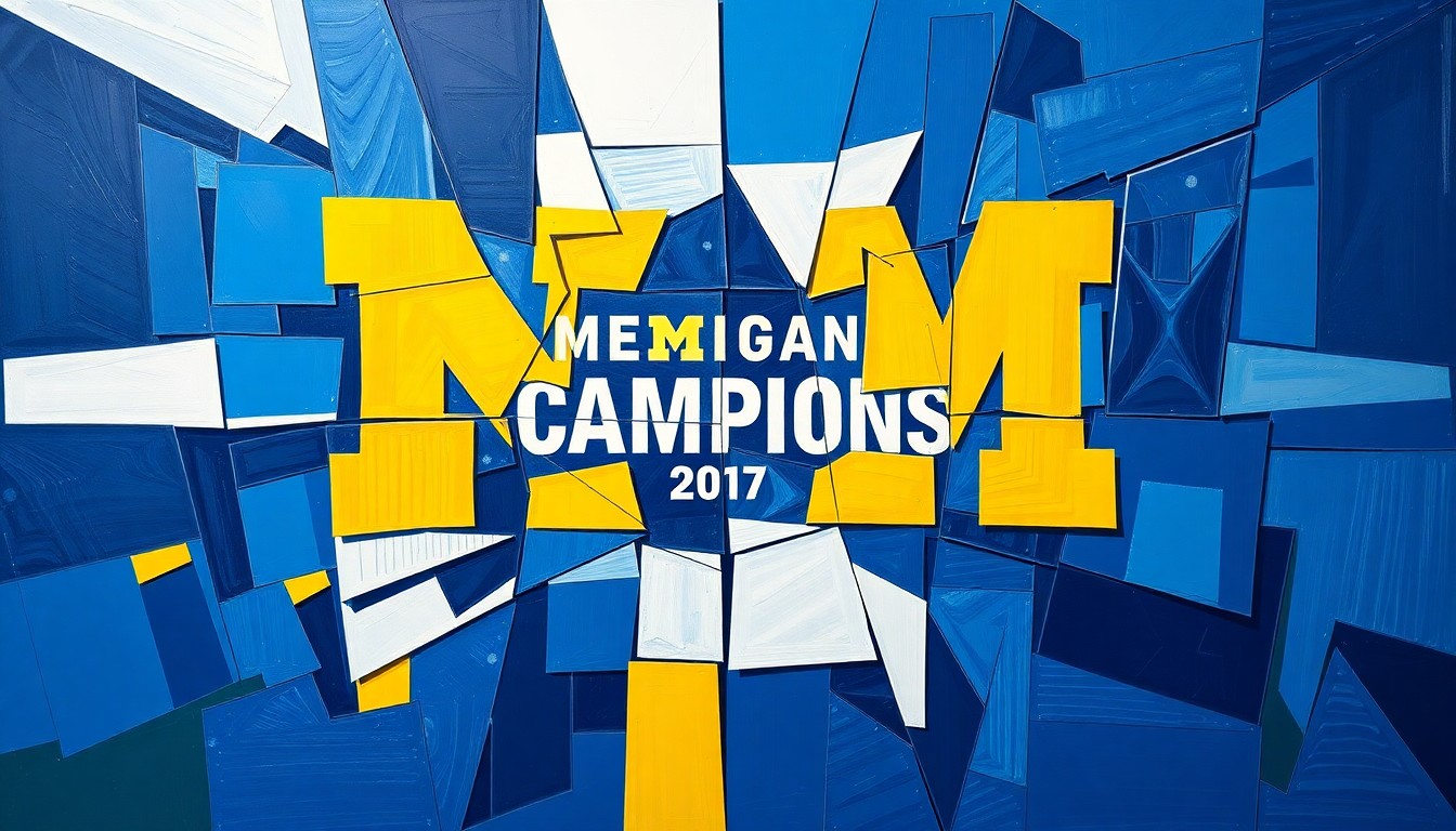 A fragmented, cubist-style painting featuring sharp, overlapping geometric shapes in the colors of the Michigan Wolverines, capturing the energy and excitement of the team's NCAA championship victory.