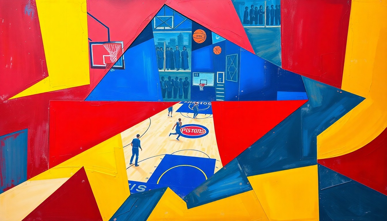 A cubist, geometric painting depicting a Pistons basketball game, with sharp, overlapping planes of color representing the intensity and high-stakes nature of the team's playoff push.