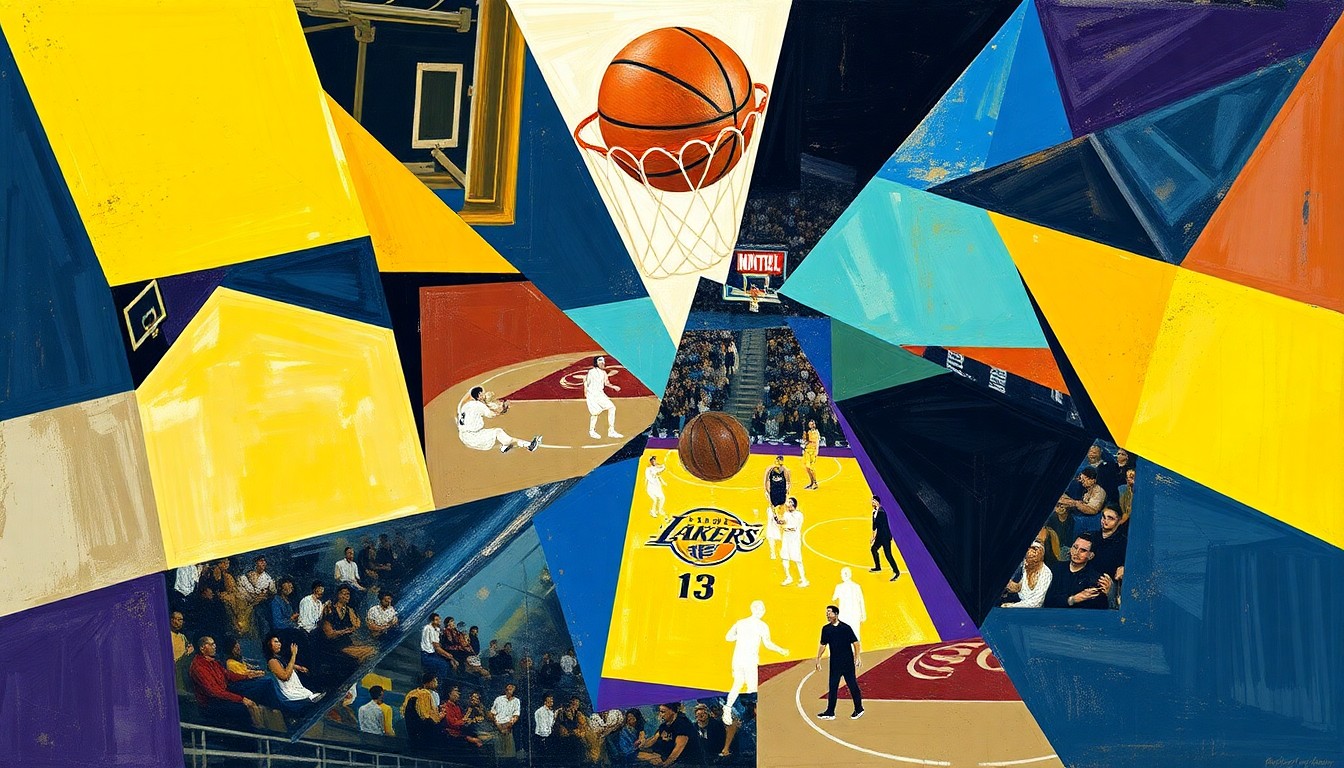 A cubist-style painting depicting a basketball game in a fractured, geometric style, with sharp planes of color and form representing the players and action on the court.