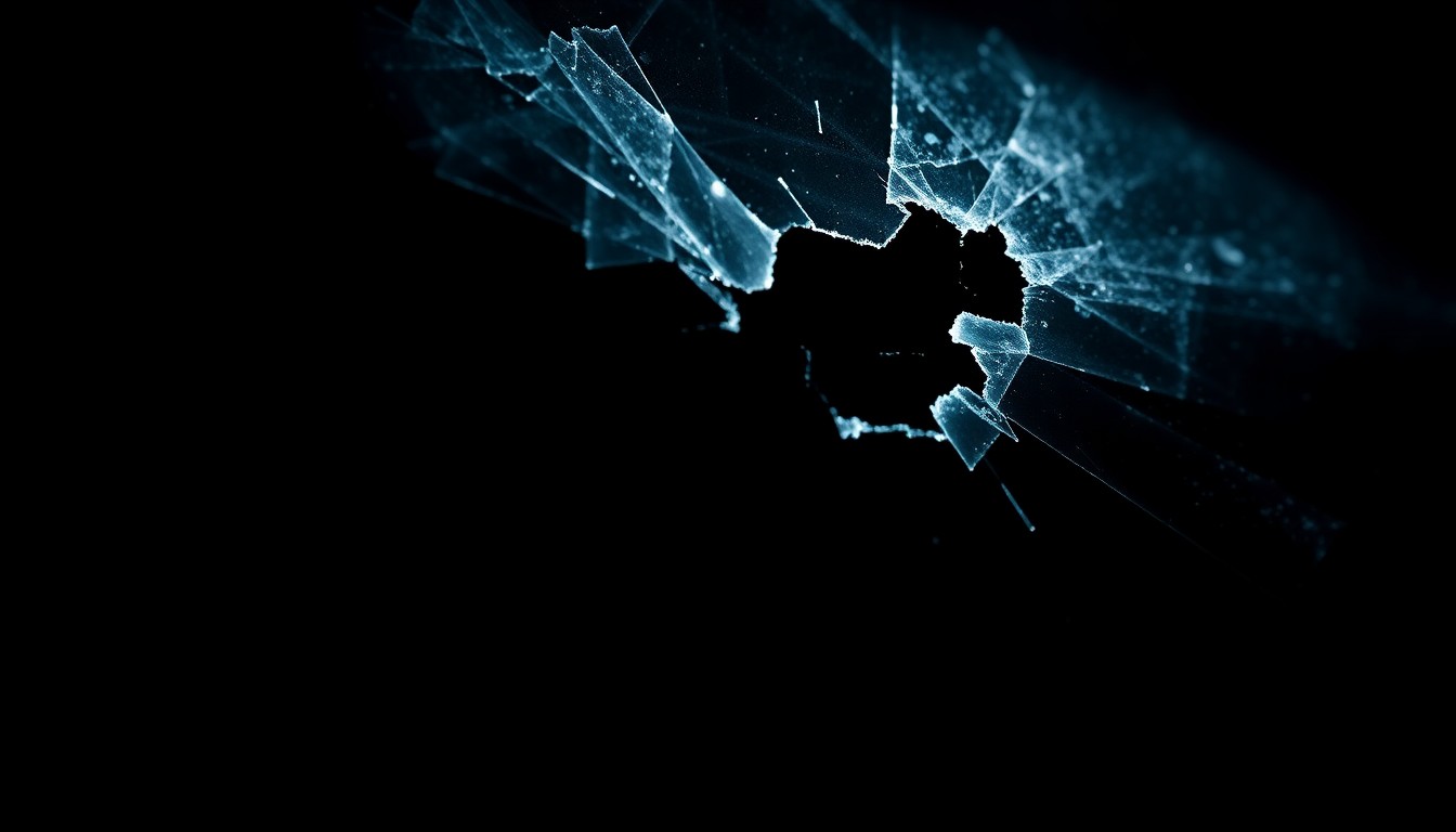 An extreme close-up photograph of a shattered car window or damaged vehicle sensor, lit by a harsh, direct camera flash against a pitch-black background, conveying the stark, investigative nature of the ICE shooting incident.