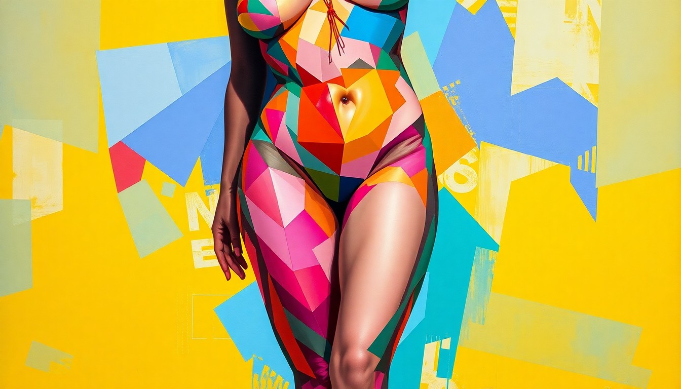 A dynamic, fractured painting of a woman's torso and legs in bold, clashing colors, conceptually representing the fetishization of exaggerated female physical attributes.