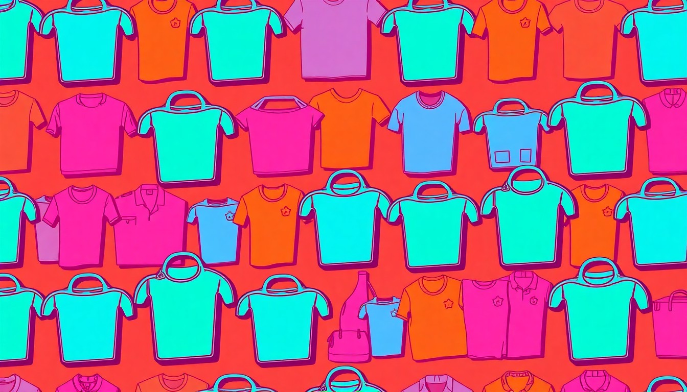 A vibrant, high-contrast silkscreen print of a single, iconic donation bin or clothing item repeated in a tight grid pattern, capturing the energy and consumer culture of the new America's Thrift Stores donation center in Birmingham.