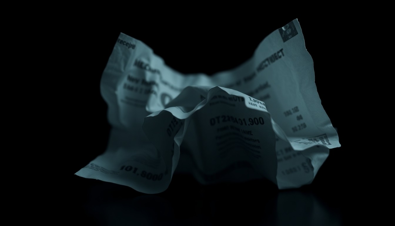 An extreme close-up photograph of a crumpled financial document, lit by a harsh flash against a dark background, conveying a sense of gritty investigation into the misuse of public resources.