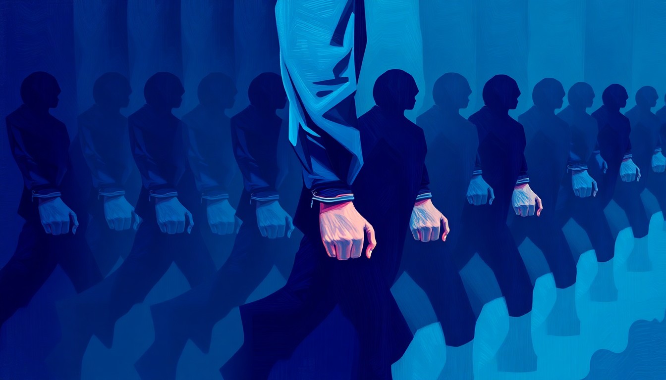 A heavily textured, fragmented painting in shades of blue and violet depicting a handcuffed figure in motion, conveying the tension and conflict around immigration enforcement.