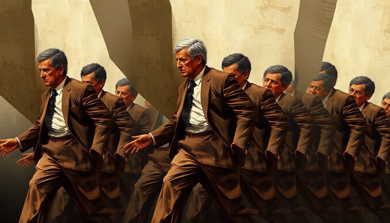 A conceptual editorial illustration depicting a political figure in motion, repeated in overlapping geometric shapes and waves of muted earth tones, conveying a sense of instability and fragmentation.
