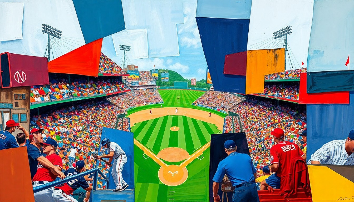 A cubist-style painting depicting a baseball game broken down into sharp, overlapping geometric shapes and planes in vibrant colors, conveying the energy and excitement of the night's DFS action.