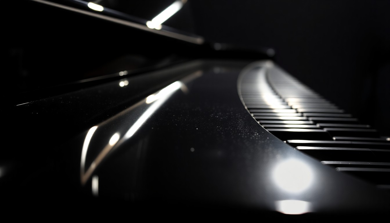 An extreme close-up photograph of a grand piano's glossy, reflective black lacquer surface, capturing the luxurious, high-fashion glamour of a concert performance.