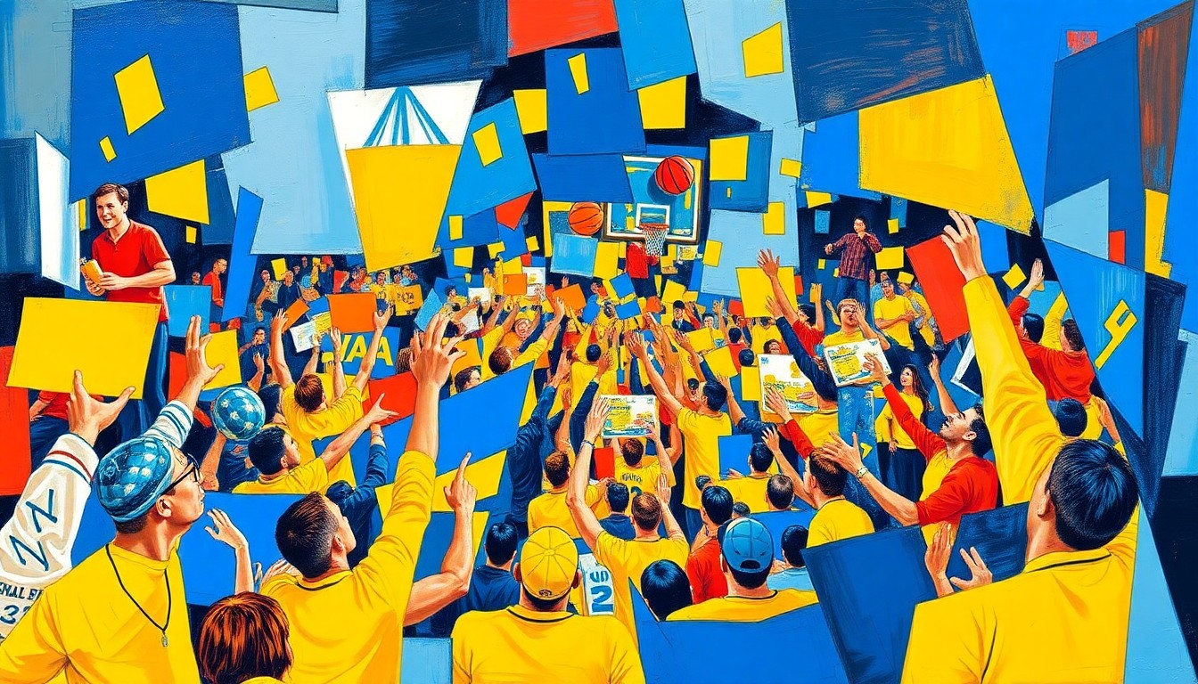 A fragmented, geometric painting in shades of maize and blue, capturing the dynamic energy and excitement of a college basketball championship celebration through abstract shapes and forms.