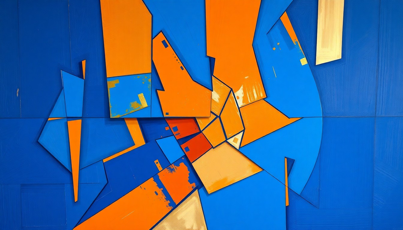A cubist, geometric painting depicting a fragmented WNBA basketball game, with sharp planes of royal blue, bright orange, and metallic gold overlapping to create a dynamic, abstract visual representation of the sport.