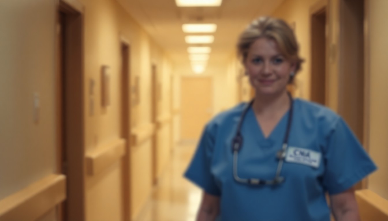 An abstract, out-of-focus photograph in soft, warm tones depicting a nursing home hallway, with a blurred figure in the foreground representing the caring presence of a compassionate caregiver.