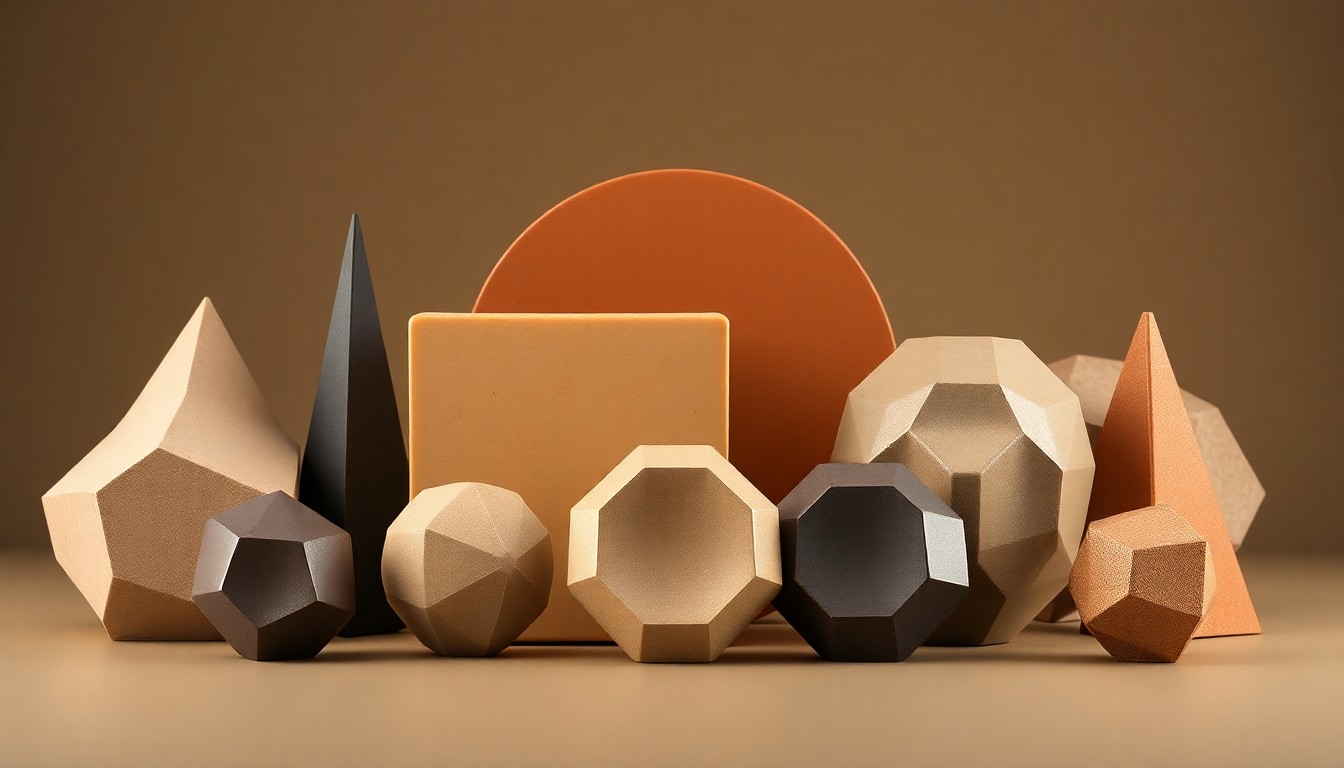 A minimalist studio still life featuring a collection of smooth, geometric objects in muted earth tones, conceptually representing the corporate transitions at Mattel.