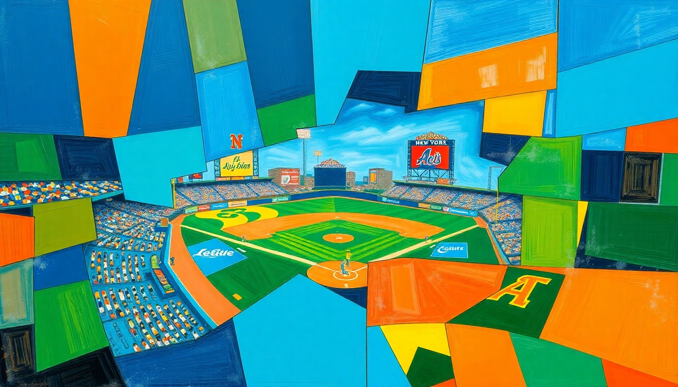 A cubist, geometric painting depicting a baseball game between the New York Mets and Arizona Diamondbacks, with the players and field broken down into sharp, overlapping planes of color.