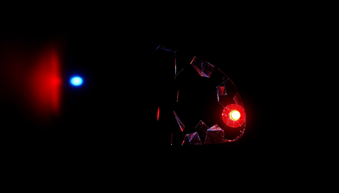 An extreme close-up photograph of a shattered car side mirror reflecting a faint red and blue police light, creating a stark, gritty, investigative aesthetic.