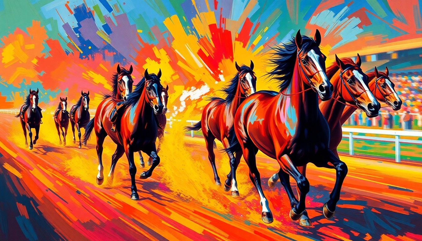 A dynamic, colorful abstract painting featuring bold, energetic brushstrokes in neon shades of orange, pink, and blue, capturing the raw power and velocity of young racehorses training on the track.