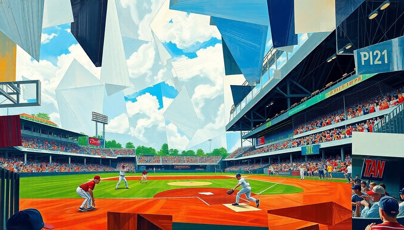 A cubist-style painting featuring overlapping geometric shapes and planes, capturing the dynamic action and energy of a high school baseball game in an abstract, deconstructed manner.