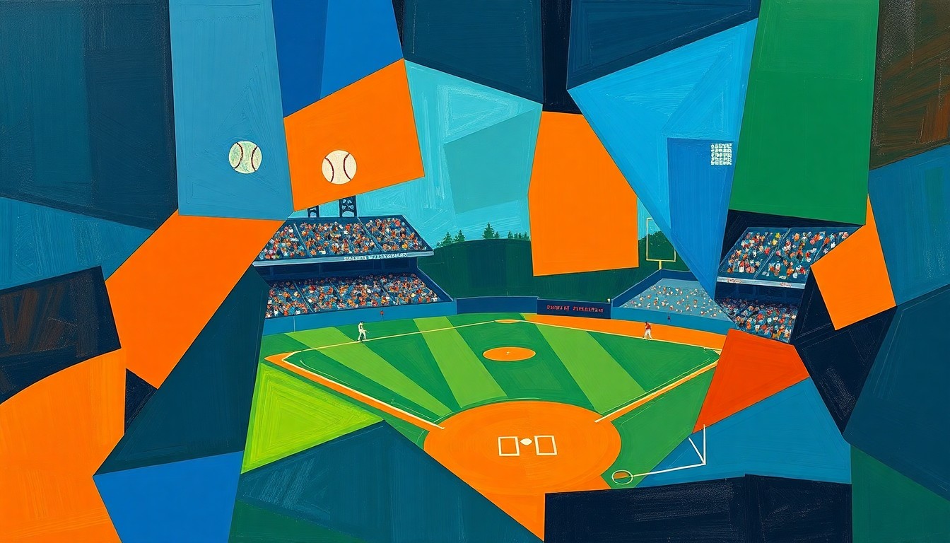 A fragmented, geometric painting depicting the dynamic movements and competing perspectives of a high school baseball game, with sharp planes of navy, green, and orange.