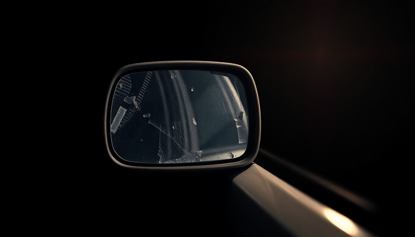 An extreme close-up of a damaged police car side mirror, reflecting a faint red light, conceptually illustrating the aftermath of a collision between law enforcement and civilian vehicles.