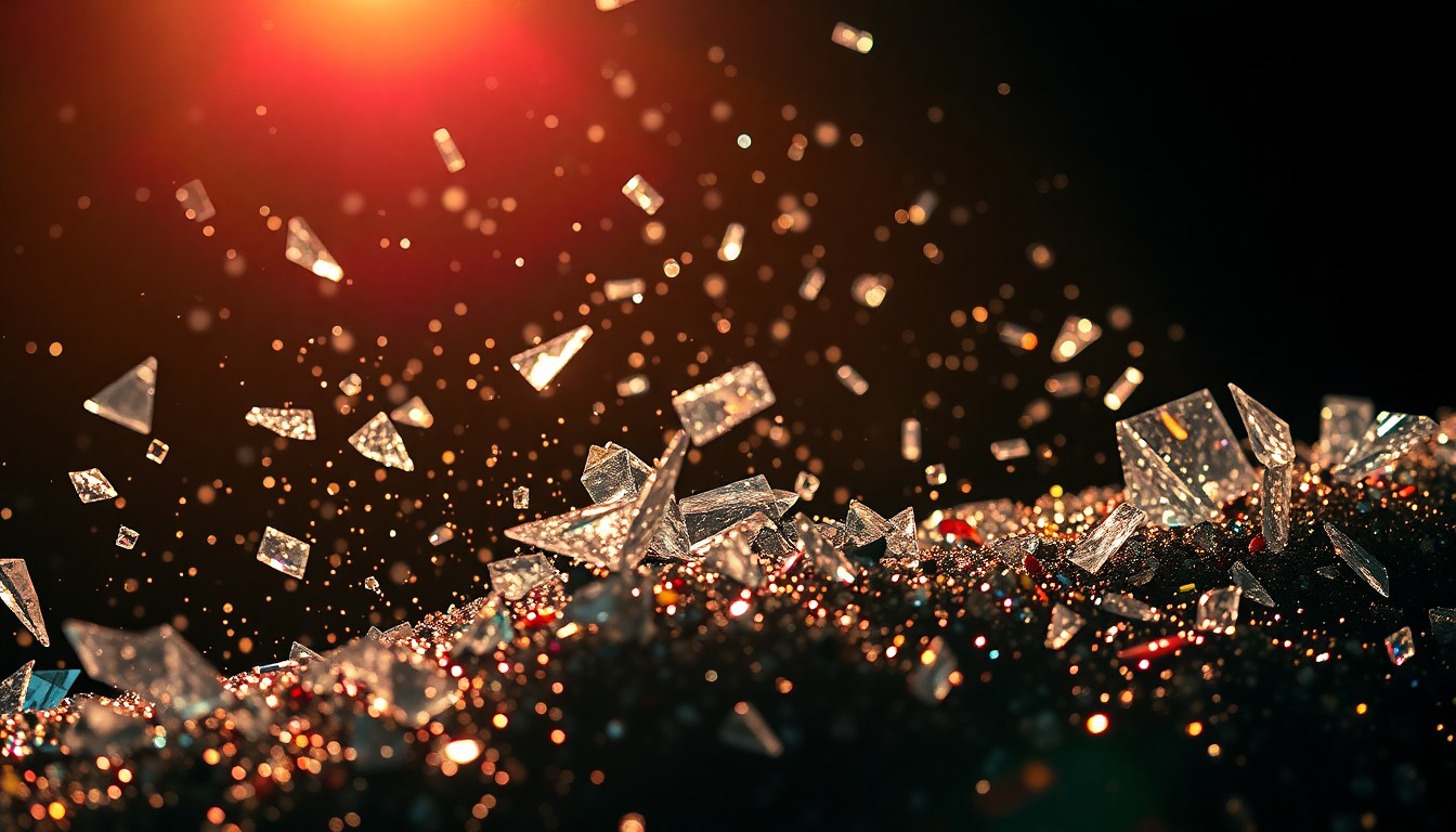 An abstract close-up photograph featuring shards of reflective glass and sparkling sequins under dramatic studio lighting, conveying the high-energy atmosphere of a rock concert.