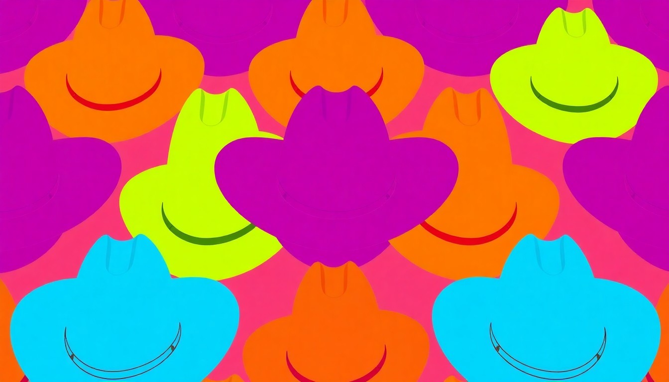 A vibrant, high-contrast silkscreen print featuring a Wyoming cowboy hat repeated in a grid pattern, capturing the iconic Western lifestyle and community spirit of Laramie, the home of the University of Wyoming.