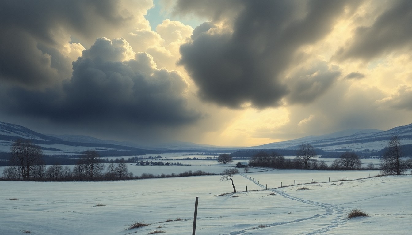 A sweeping, atmospheric landscape painting depicting a snow-covered rural scene with a small village in the distance, dwarfed by the overwhelming scale of the winter storm clouds above, conveying the raw power of the extreme weather conditions.