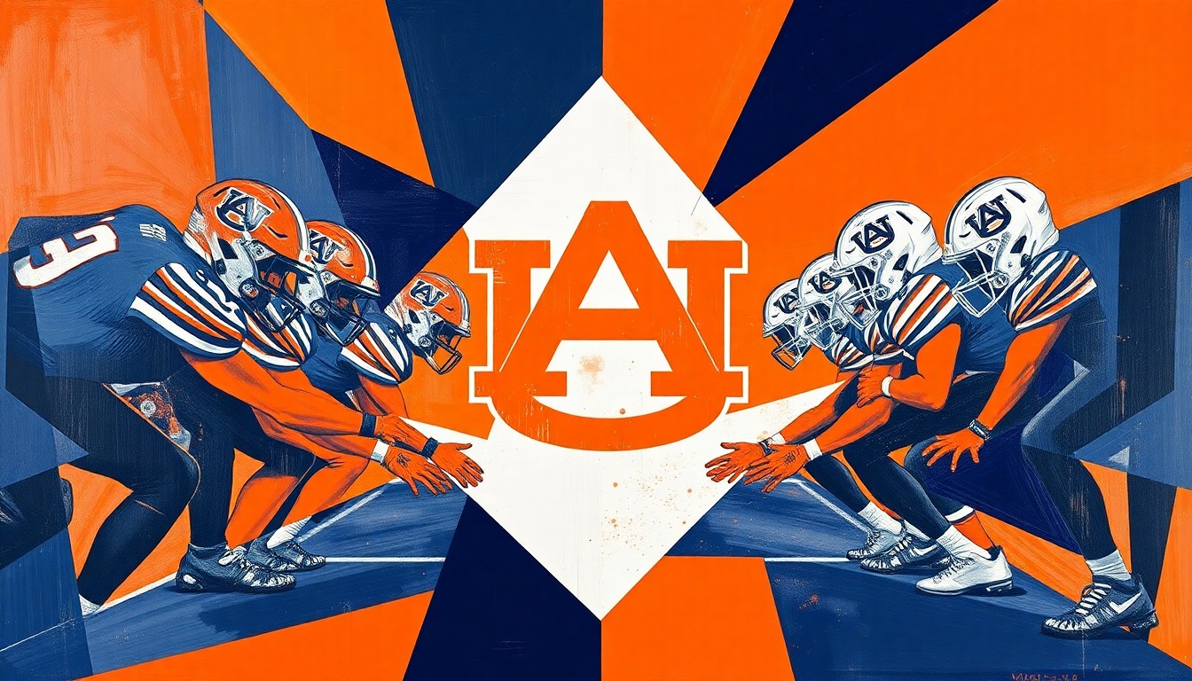A cubist, geometric painting depicting an Auburn football offensive line drill, with sharp, overlapping planes of color representing the players and their movements.