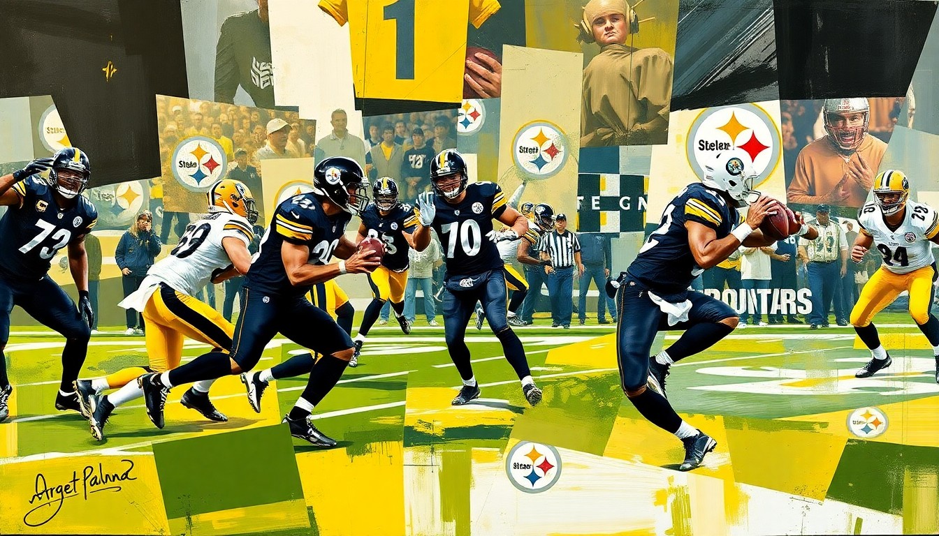 A fractured, geometric painting in Picasso's cubist style, depicting a football player in motion with sharp, overlapping planes of black, gold, and gray, representing the uncertainty surrounding the Steelers' quarterback situation.