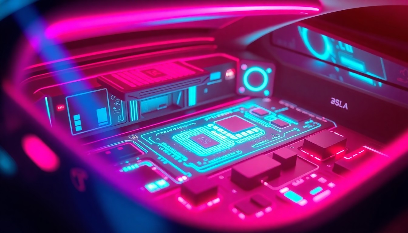 A detailed 3D illustration of a Tesla vehicle's internal sensor array and AI processing components, glowing with neon cyan and magenta lights, conveying the advanced technology powering the company's self-driving capabilities.