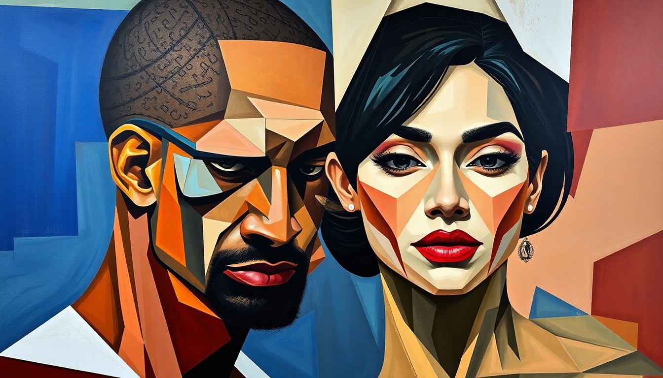 A cubist, geometric painting depicting the fragmented relationship between an NBA player and his wife, with their faces and bodies broken down into sharp, overlapping planes of color and abstract shapes.