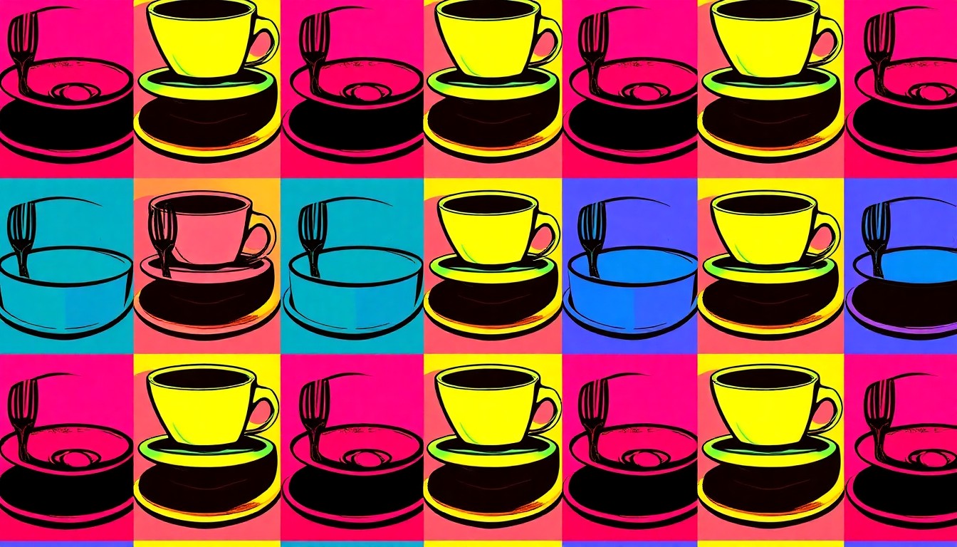 A brightly colored, high-contrast silkscreen print of a single, iconic restaurant object such as a coffee cup or plate of food repeated in a tight grid pattern, capturing the pop art style of Andy Warhol to conceptually represent the recent restaurant inspections in Phoenixville.
