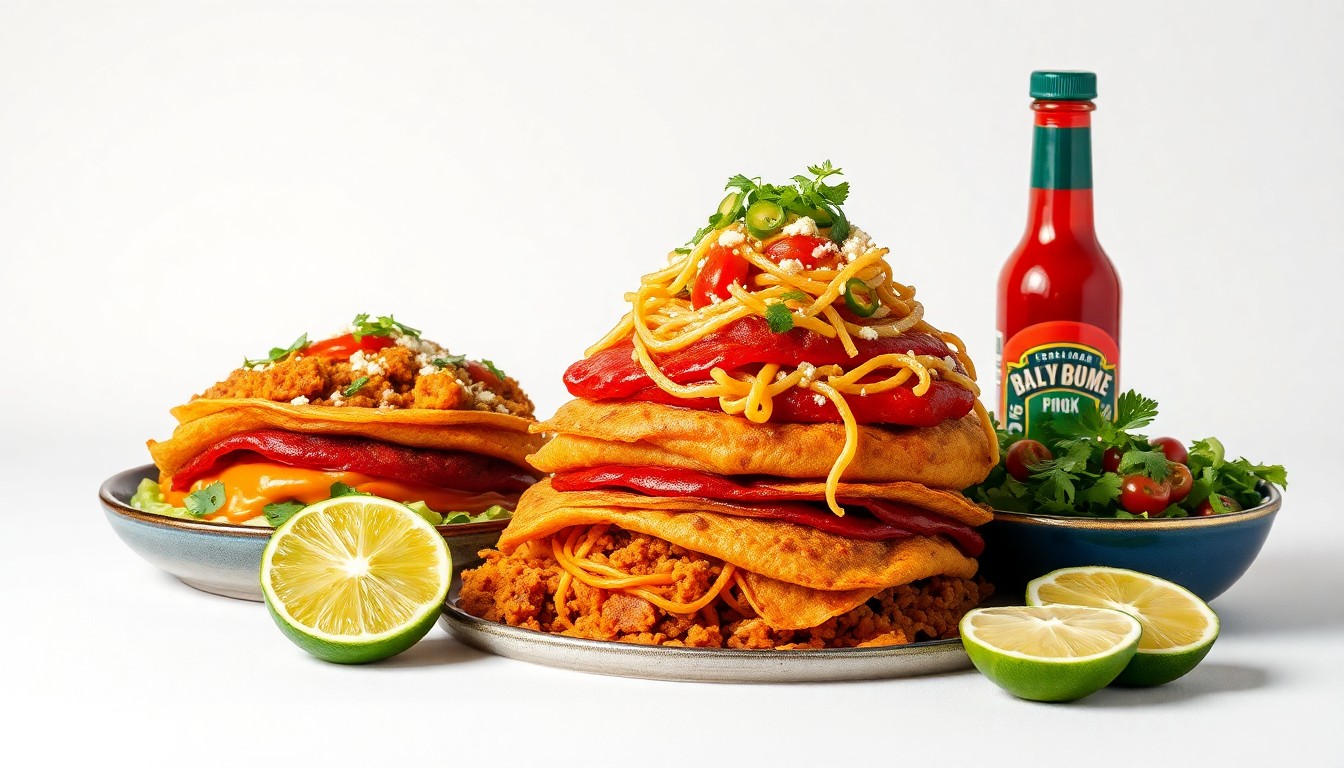 A high-end, photorealistic studio still-life featuring a stack of colorful Tex-Mex dishes, a bottle of hot sauce, and a vibrant lime wedge arranged elegantly on a clean, white background, conceptually representing the opening of a new Tex-Mex restaurant.