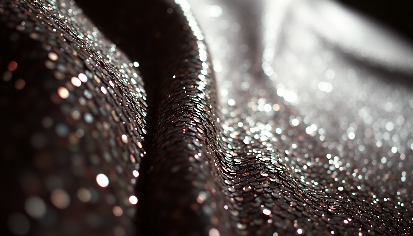 An extreme close-up of shimmering sequins in dramatic, high-contrast lighting, conveying the luxurious, high-stakes aesthetic of the new Hulu series The Testaments.