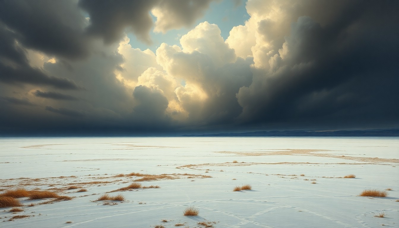 A sweeping, atmospheric landscape painting in muted tones of gray, blue, and white, depicting a vast, frozen field under a cloudy, moody sky. The scene conveys the overwhelming scale and harsh beauty of extreme winter weather conditions.