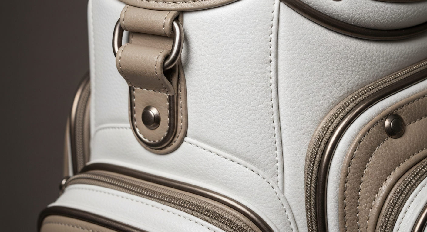 An extreme close-up of the textured leather and metal hardware on a premium golf bag, showcasing the soft latte and white color palette and conveying a sense of refined elegance and luxury performance.