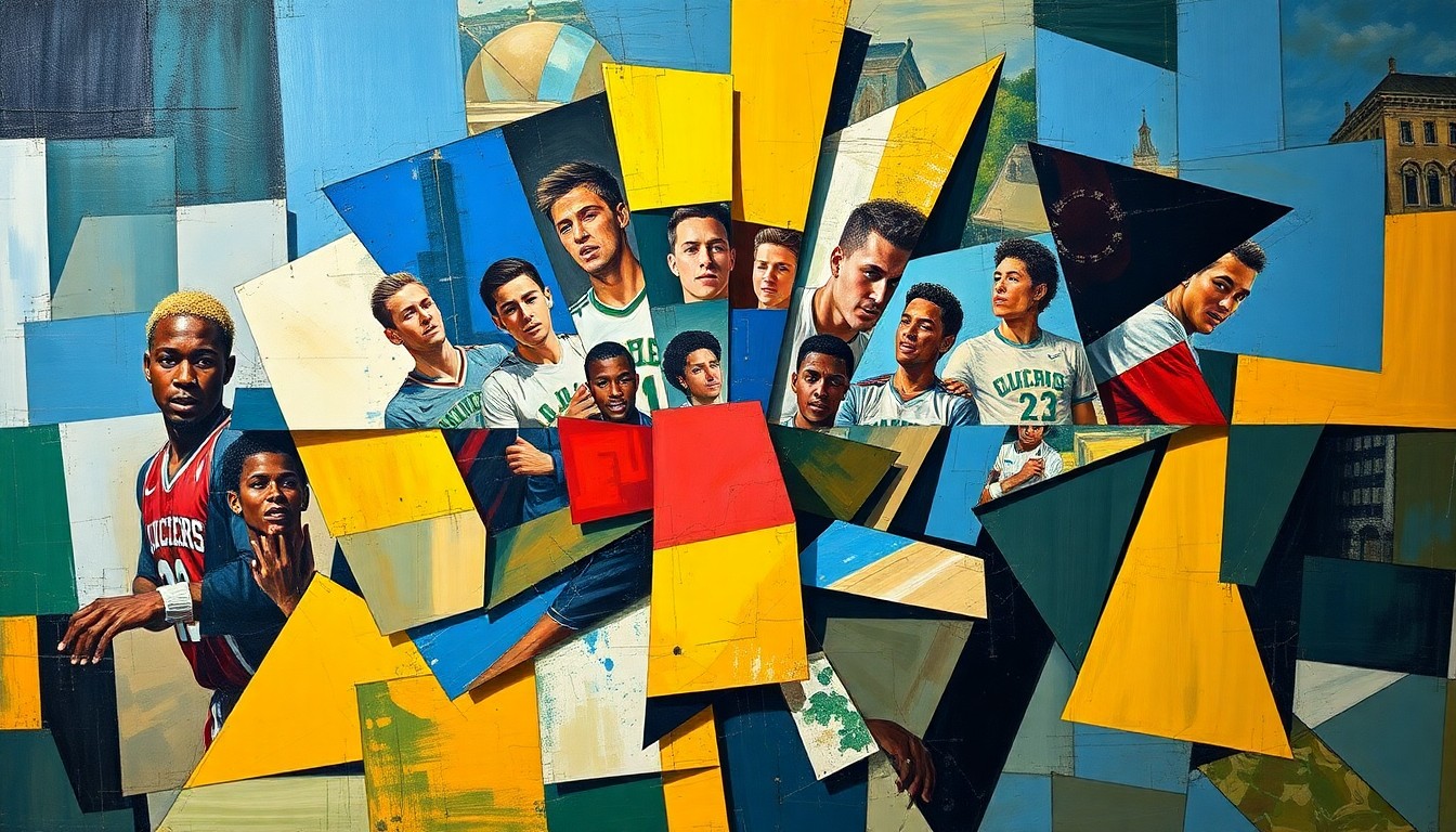 A cubist, geometric illustration depicting fragmented data visualizations and player profiles, representing the analytical power of Kentucky's new BLUEprint platform.