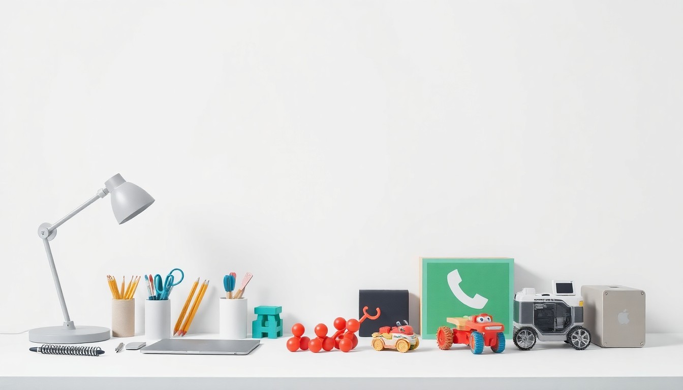 A minimalist studio still life photograph featuring a few office supplies and children's toys arranged elegantly on a clean, monochromatic background, conceptually representing the intersection of work and family life.